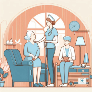 General depiction of an senior caregiving scene with one resident and one nurse